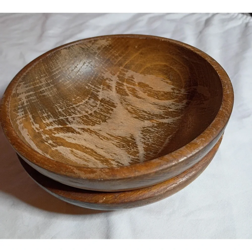Vintage Wooden Bowls Set of 2 Dark Brown Rustic Round Footed Decorative 6 Inch